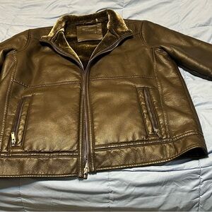 Calvin Klein Brown Leather Jacket with Faux Fur